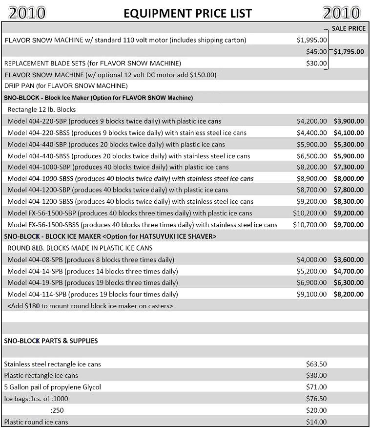 Flavor Snow Equipment Price List